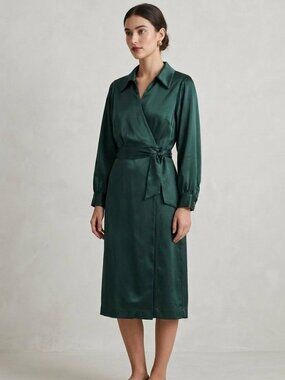 FRNCH Paris Satin Wrap Midi Dress | Forest Green | Bishop Sleeves | Size S | NWT